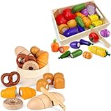 Airlab Kinderküche Spielküche Zubehör aus Holz, Küchenspielzeug Schneiden Gemüse Brot für Kinder, Holzspielzeug Küche Pädagogisches Rollenspiel Geschenk