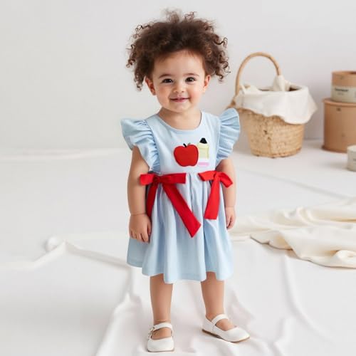 Little Girls Back to School Dress Apple Embroidery Flutter Sleeve Plaid Dress Toddler Kid First Day of School Outfits4