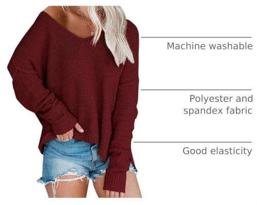 Image of Women's Off Shoulder Knit Sweaters Oversized V Neck Long Sleeve Loose Lightweight Pullover Tops