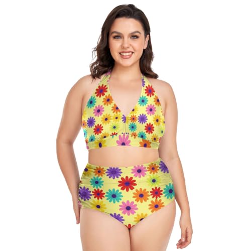 Maillot de bain deux pièces pour femme curvy FRODOTGV élastique fleur arc-en-ciel