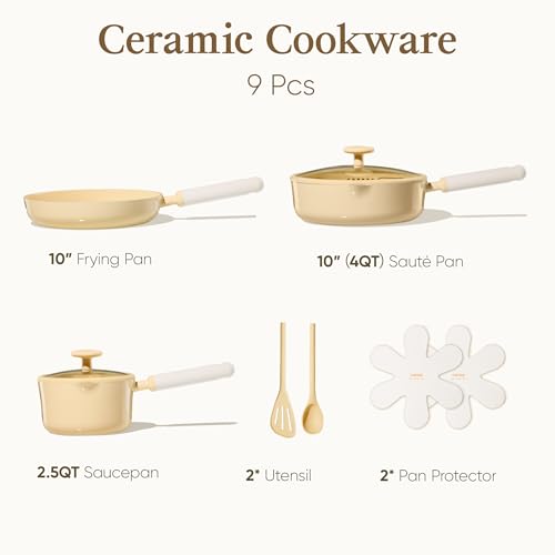 Image of CAROTE Ceramic Cookware Set Nonstick, 9pcs Pots and Pans Set Non stick, Non-Toxic & PFAS-Free,Dishwasher, RV /Camping Cookware Set,Sauce Pan with Lid, Yellow