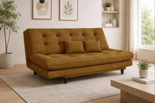 Image of 3-Seater Velvet Sofa Cum Bed | Tufted Convertible Sleeper Sofa | Plush Cushioned Seating | Space-Saving Design for Living Room, Bedroom & Office | Golden