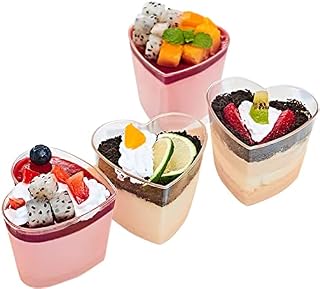LATERN 50Pcs Plastic Dessert Cups, 150ml Heart Shape Dessert Cups Clear Parfait Appetizer Cup Reusable Serving Bowl for Dessert Pudding Mousse Party (7.3 x 6cm)