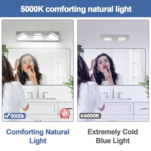 Image of Torondo 360 Rotate LED Bathroom Vanity Light Fixtures, Acrylic Vanity Lights for Bathroom, Modern Wall Lighting Fixtures Over Mirror Living, Chrome, Natural White, 3-Light, 17-Inch