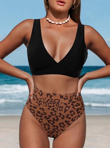 Image of Hilinker Women's Leopard Bikini Swimsuits V Neck High Waisted 2 Piece Bathing Suits
