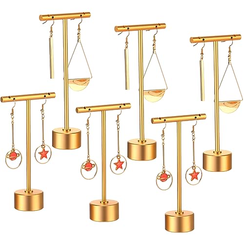 Kigeli 6 Pack Metal T-Bar Earring Display Stand Retail Earring Display Holder Detachable Jewelry Storage Rack for Selling Photography Prop(Gold)