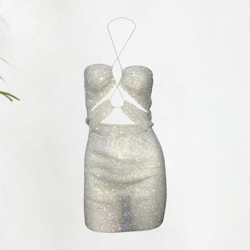 Tikhell Vestido feminino de lantejoulas, frente única, vestido Y2k, brilhante, transparente, sem man