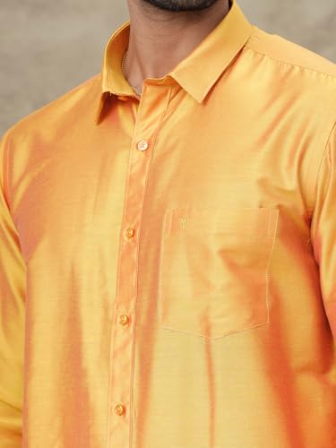 Image of RAMRAJ COTTON Men Parsley Silk Cotton Full Sleeves Shirt with Matching Border Tissue Dhoti Set