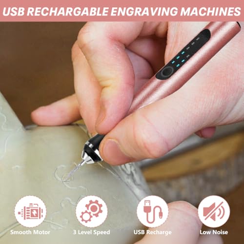 Image of Serplex Electric Engraving Pen with 37 Bits 4.2V USB Rechargeable Cordless Engraving Machine with 3-Speed 5000-18000 RPM Portable DIY Rotary Engraver for Jewelry Wood Glass Stone Crafts-Rose