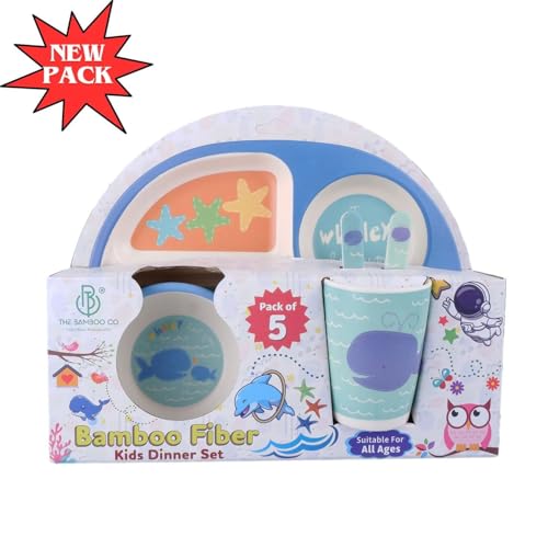 Image of Bamboo Kids Feeding Set of 5 |Kids Crockery Set Tableware |Baby Utensils and Dishes Set | Eco-Friendly |Organic & Natural (Wobbly Whale.)