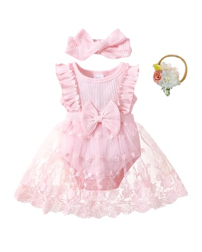 Renotemy Newborn Baby Girl Pink Lace Romper Flower Tulle Dress Boho Summer Sleeveless Baby Girl Newborn Essentials Baptism Wedding Party Christening Dresses Baby Shower Gifts Photography Outfit