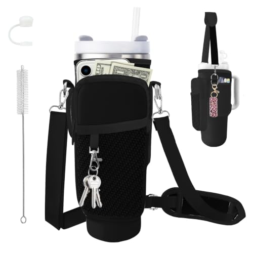 HATYMTYAH Black Water Bottle Carrier Bag for Stanley 40/30 oz Tumbler, Neoprene Water Bottle Holder with Phone Pocket, Adjustable Shoulder & Hand Strap, Stanley Cup Accessories for Walking Travel
