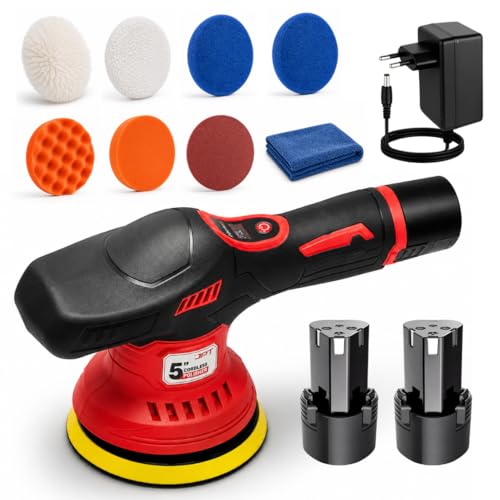Image of JPT Heavy Duty Cordless 12V Car Polishing Machine | 5 Inch Pad | 5500 RPM | 8 Variable Speed | 7 Pads |Battery Indicator Lights | 2X Battery | Fast Charger