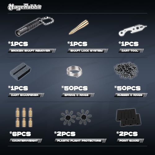 MagaRabbit Dart Accessories Kit, 36 Dart Flights, 45 Dart Shafts, Sharpener, Dart Stems Remover Tool, 50 Metal Rings, 16 Dart Flight Protectors (Plastic)