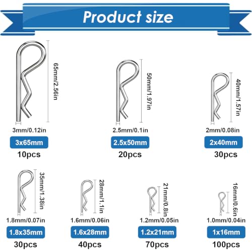 Image of 300Pcs Cotter Pin Assortment Kit - 304 Stainless Steel 7 Sizes R Clips Cotter Pins for Automotive, Trailer, Hitch Pin Lock System