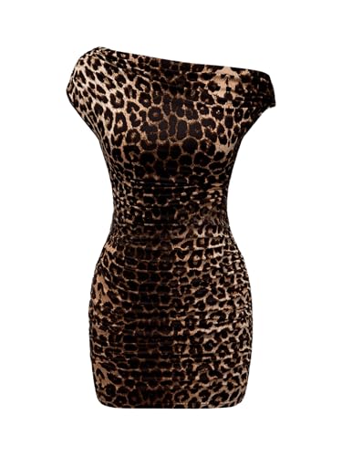 Floerns Women's Leopard Print Asymmetrical Neck Pencil Dress Ruched Bodycon Mini Dresses Brown Small