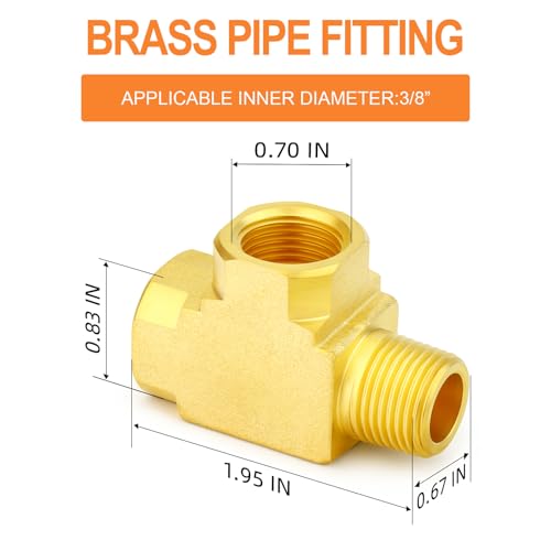 Image of GASHER 1Pc Brass Tee Fitting, 3 /8 inch FNPT x 3 /8 inch FNPTx 3 /8 inch MNPT Pipe Fittings, Male Run Tee