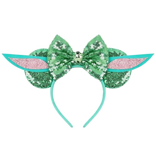 bianbaistar Green Velvet Hair Bow Headband with Big Mouse Ears - Sparkle Sequin Hair Accessories for Girls Boys and Women for Trip