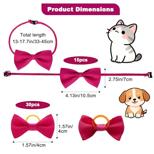 Fengek Adjustable Pet Bows Set - 15 Dog & Cat Neckties Bow Ties Collars with 30 Dog Mini Hair Bows with Rubber Bands, 15 Colors