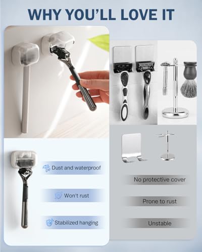 BEZOX Wall Mounted Razor Holder (2-Pack) – Auto-Closing Dust Cover, No-Drill Adhesive Mount Razors Hanger for Shower & Bathroom – Sleek Razor Stand for Men, Safety Razor Organizer with Secure Hooks