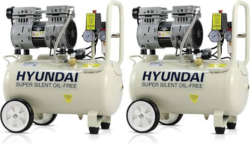 Image of Hyundai HY7524 24 Litre Air Compressor, 5.2cfm/100psi, Silenced, Oil Free, 750w / 230v Direct Drive, 150 litres Per Minute Low Noise Air Compressor, 2 Year Warranty, White (Pack of 2)