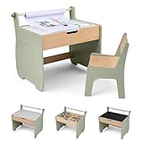 COSTWAY 4 en 1 Table Enfant avec Chaise en Forme d'Eléphant, Table et Chaise en Bois avec Tableau Amovible & Porte-Rouleau de Papier, Espace Caché, Bureau pour Dessiner Jouer, Charge 40/100 kg