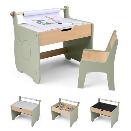 COSTWAY 4 en 1 Table Enfant avec Chaise en Forme d'Eléphant, Table et Chaise en Bois avec Tableau Amovible & Porte-Rouleau de Papier, Espace Caché, Bureau...