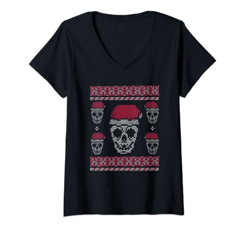 Mujer Feo Navidad Calavera Esqueleto Santa Claus Año Nuevo X-Mas Camiseta Cuello V