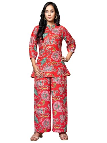 Image of DHRUVI TRENDZ Co Ord Set for Women Stylish | Ethnic Short Kurti for Women | Stylish Summer Printed Kurta Sets for Woman | A-Line Dress for Woman | 3 /4 Sleeve Top with Relaxed Fit Pant