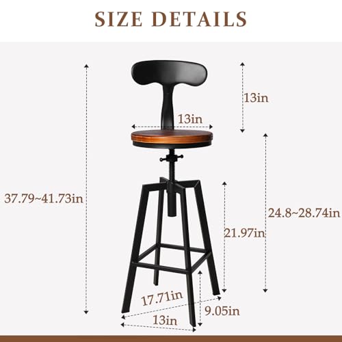 Set de 2 Butacos Industriales con Respaldo Giratorio Asiento de Madera Altura Ajustable 25-32 pulgadas miniatura 3