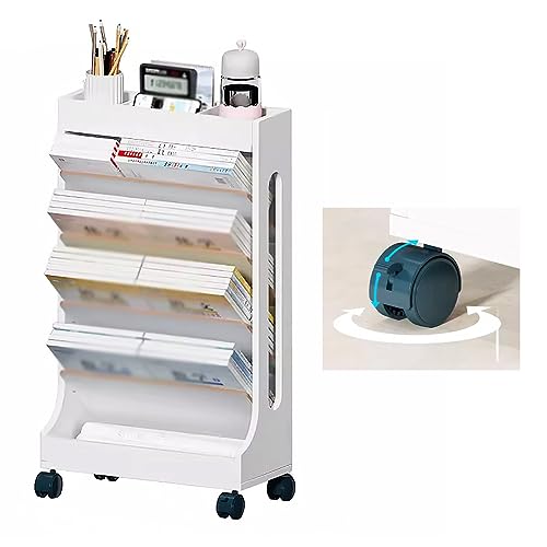 Etagere a livres blanche lumineuse mobile avec roulettes pivotantes