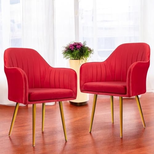Image of Set of 2 Accent Chair for Living Room | Modern Armchair in Soft Velvet Fabric with Sturdy Legs | Premium Chair for Home Living Room Bedroom Restaurent | (Gold Legs, Red)