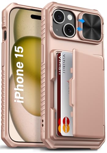 Image of Vihibii for iPhone 15, iPhone 14, iPhone 13 Back Cover Wallet with Card Holder (4 Cards) [RFID Blocking] & Slide Camera Cover & Raised Edges Protect Screen, Shockproof Rugged Case, 6.1 inch, Rose Gold