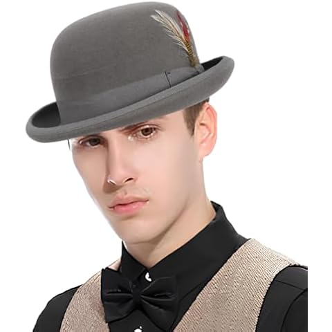GLAKJGIY Men's Wool Bowler Hats - Felt Derby Dress Hat - Rolled Brim Fedora with Feather(Grey,XL) Cover