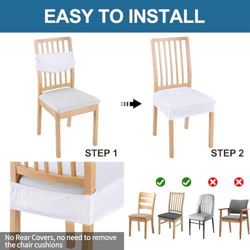 Image of Smiry Waterproof Seat Covers for Dining Room Chairs, No Rear Covers | Stretch Jacquard Removable Washable Chair Seat Slipcovers Protector, Set of 6, White