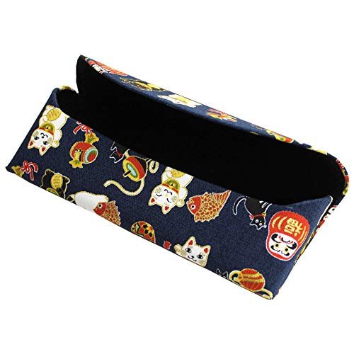 Japanese Traditional Chirimen Cloth Eyeglasses/Sunglasses Hard Shell Case Manekineko (Beckoning Cat) Daruma Doll Design (Navy) #TOP1