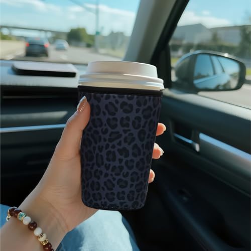 Image of Reusable Insulated Sleeve for Iced Coffee Cup, Coffee Neoprene Sleeve for Cold & Hot Drinks, Beverage Holder for Iced Coffee (Charcoal Leopard, Medium: 22-24oz)
