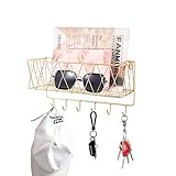 YCOCO Wall Key Holder, Decorative Metal Wire Mesh Mail Storage Basket with 6 Hooks for Letters, Keys, Dog Leashes - Easy to Organize Entryway and Hallway