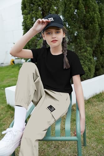 Image of Betusline Girls 2 Piece Summer Outfits,Black Cute Short Sleeve Crop Tops + Beige Cargo Jogger Pants Clothes,11-12 Years = Tag 160