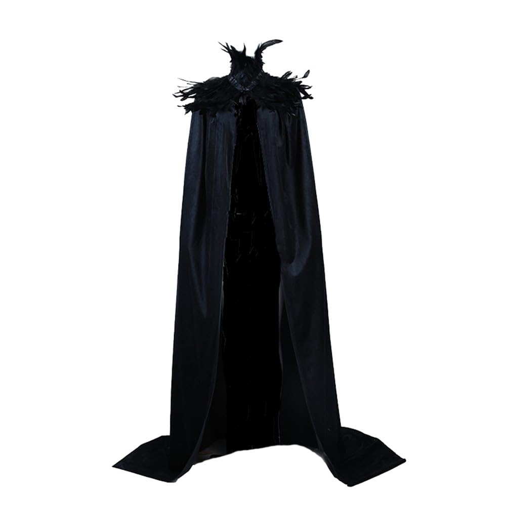 Unisex Gothic Black Witch Velvet Cloak Feather Stand Collar High Necked Feather Scarf Cloak Women Costume Robes Party Costume Extra Long Cape for Men