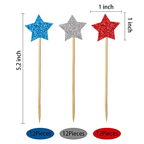 36 Pieces Glitter Star 4Th Of July Cupcake Toppers Glitter Gold Star Cakes Toppers For Independence Day 4Th Of July Party Supplies Favors(Blue Red White) #TOP1