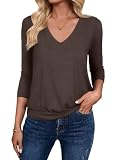 Sialois 3/4 Length Sleeve Womens Top Trendy Casual Vacation V Neck Blouse Banded Bottom Hide Tummy Shirt Work Outfits Cute Tunic Fall Spring Summer Business School Teacher Clothes,Chocolate Brown,L