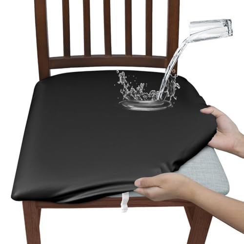 JVDOIT PU Leather Dining Chair Covers Set of 4/6 Waterproof Seat Slipcover PU leather Seat Covers for Dining Room kitchen Chairs Removable Chair Seat Cushion Cover with Fixing Buckle (Black,Set of 4)