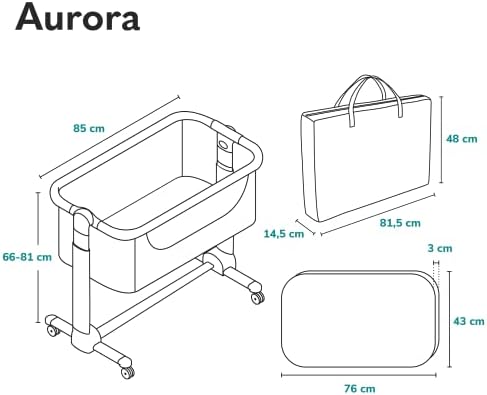 LIONELO Aurora 3 w 1 Łóżeczko Dziecięce do 9 kg, Łóżko Dostawne, Kołyska, Regulacja Wysokości oraz Kąta Nachylenia Materaca, 4 Kółka z Hamulcem Ergonomiczny Materac Torba (Szary) (Szary)