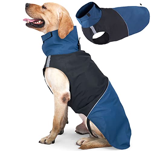 ROZKITCH Dog Jacket Waterproof Dog Raincoat with Harness Opening & Reflective Strip for Small Medium Large Dog, Windproof Adjustable Rainwear with Hook&Loop Closure, Pet Vest Blue-Black S