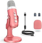 ZealSound Podcast Microphone pour iPhone PC & Mac, annulation du bruit USB Mic avec volume, Mute & Contrôle de l'écho, surveillance de la latence zéro, pour ASMR, Podcasting, enregistrement vocal & La voix au-dessus - K66 rose