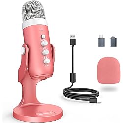ZealSound Podcast Microphone for iPhone PC & Mac, Noise Cancellation USB Mic with Volume, Mute & Echo Control, Zero-Latency Monitoring, for ASMR, Podcasting, Vocal Recording & Voice-Over - K66 Pink
