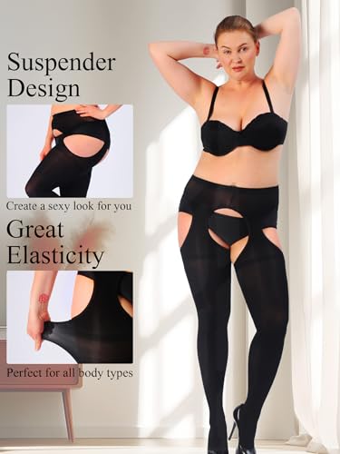 HONENNA Plus Size Suspender Tights for Women, Semi Opaque Sexy Garter Belt Nylons Mock Thigh High stockings2