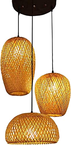 Bamboo Lantern Pendant Lamp LED Hanging Lamp Modern Weave Single Light Pendant Lamp Ceiling Hanging Light with Adjustable Cord for Restaurant Dining Room Bedroom (3in1)
