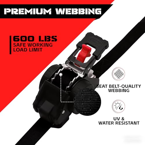 Image of Retractable Ratchet Straps 1 inch x 13Ft, Heavy Duty Self Retracting Tie Down Straps, 1800lb Break Strength Auto Retract Cargo Straps for Truck, Trailer, Motorcycle, ATV, UTV, (Black, 2 Pack)